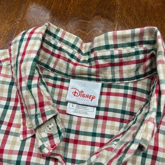 Disney Mickey Mouse Vintage Flannel Plaid Red Green Tan Button Down Shirt Large - Picture 7 of 8